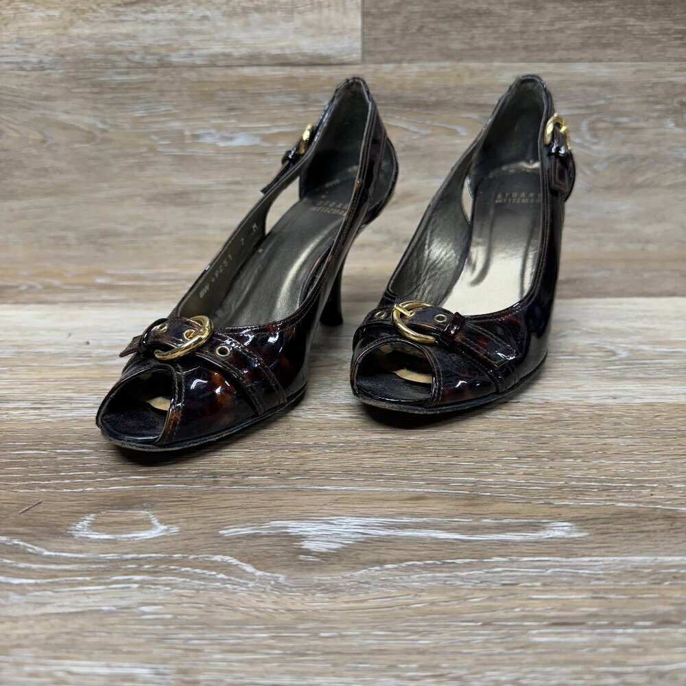 Stuart Weitzman Tortoise Shell Patent Leather Peep Toe Heels Women's Size 7